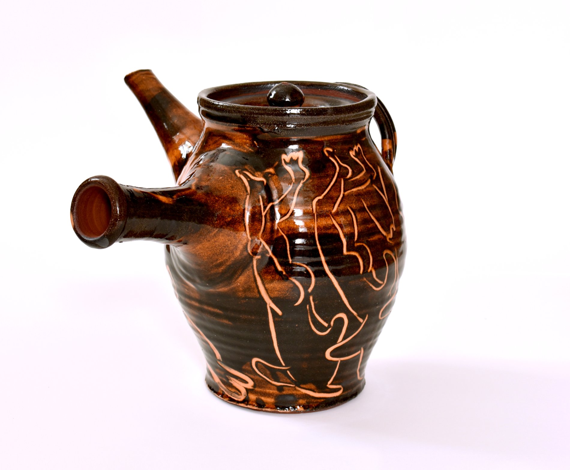   Large side-handle teapot (Dionysus’ pirates),   2023, single-fired terracotta, slips, clear glaze, height: 27cm 