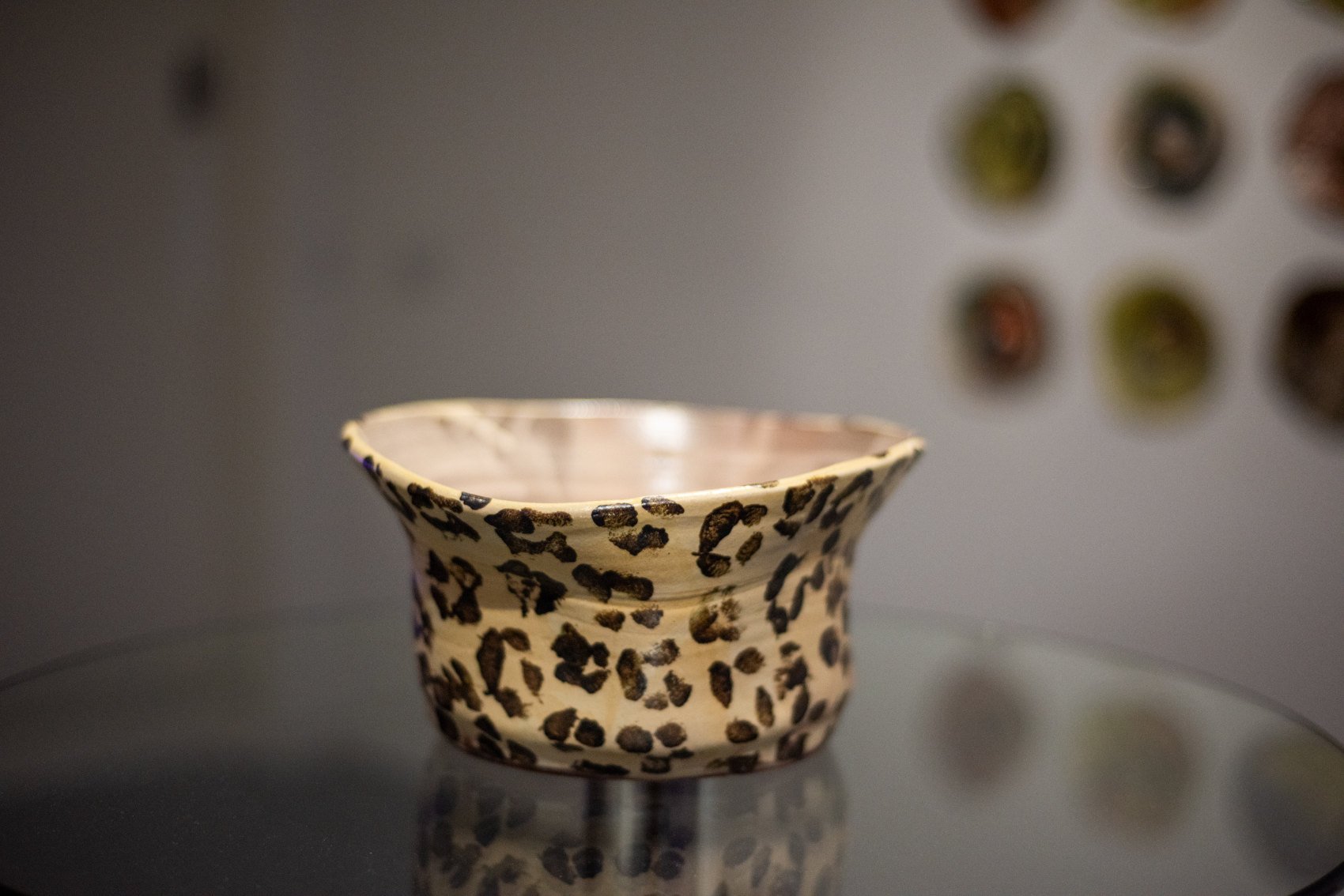   Bucket hat bowl (leopard print) , single-fired terracotta, slips, matt glaze 