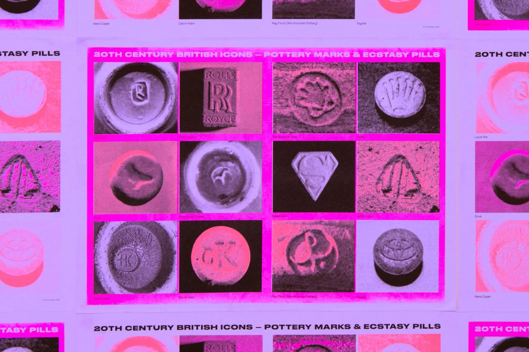   20th Century British Icons – Pottery Marks &amp; Ecstasy Pills , Risograph print in two versions, printed by Roots Press. Free copies were available to take away, during the show 