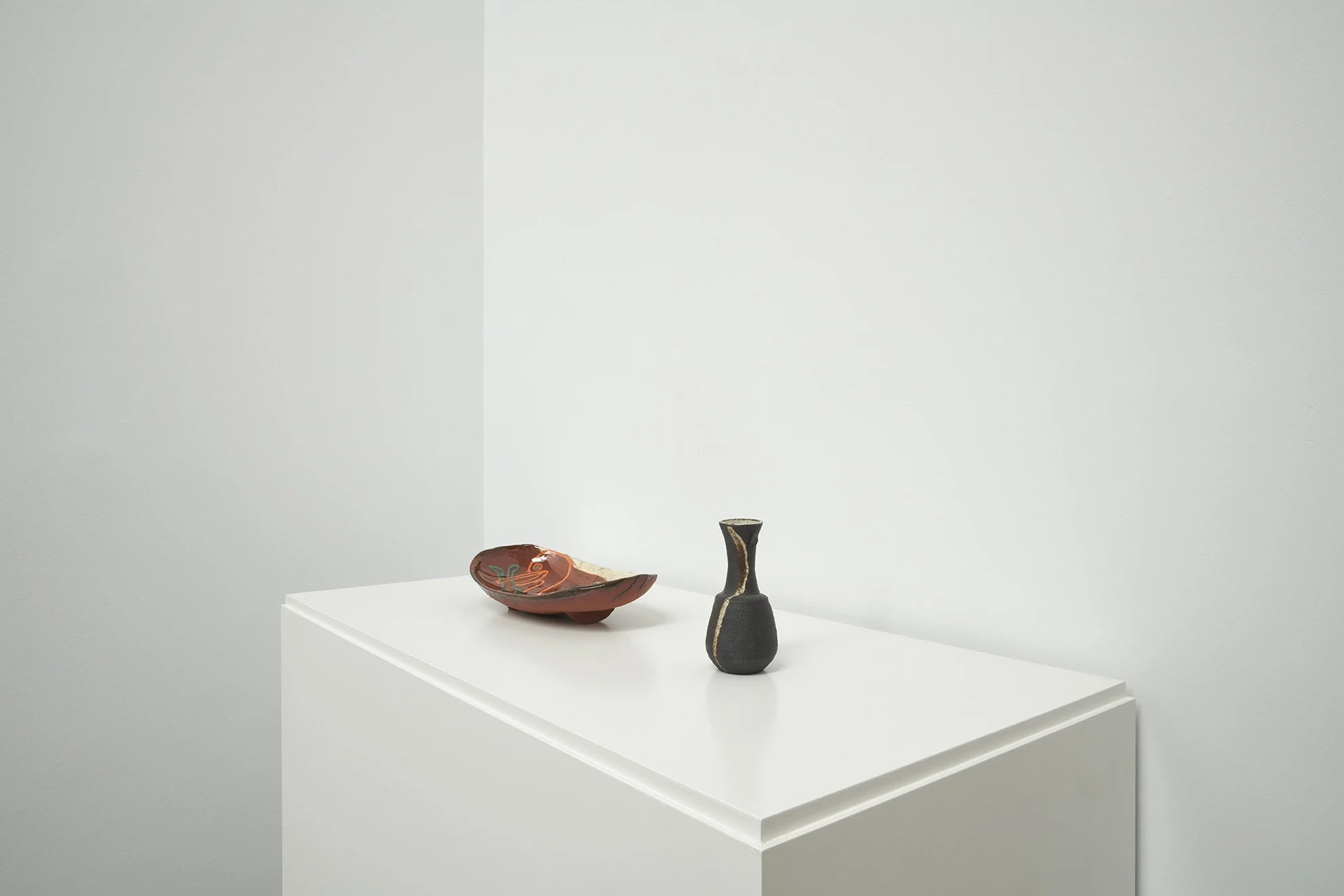  Left:  Fruit Bowl (After Barbara Hepworth) , 2026 Right: Janet Leach,  Vase with lugs,  c.1980 