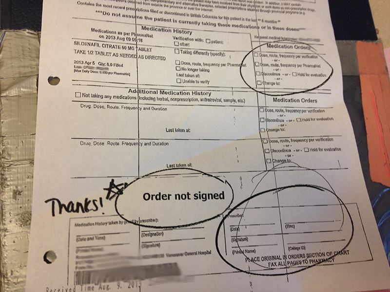 Some comic relief in a day of stupid paperwork: Medical Reconciliation forms must be filled out when patients are admitted in order to make none of their usual medications are missed. This is important. The pharmacist was upset that I left this page, a prescription for a generic erectile dysfunction drug (like Viagra), blank. "Just doing my job," I know, I know. But what a system we would have if people kept only "just doing my job."