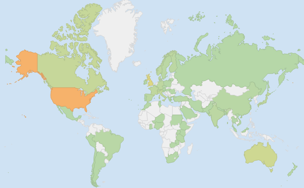 Grey - no authors; Light Green - few authors; Orange - many authors.