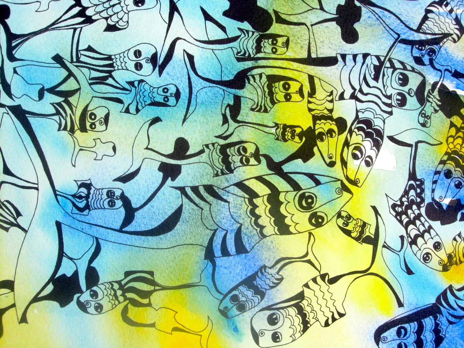 "Follow me in Winter": Ink, Water colours & Print on paper - 39 x 51 cm