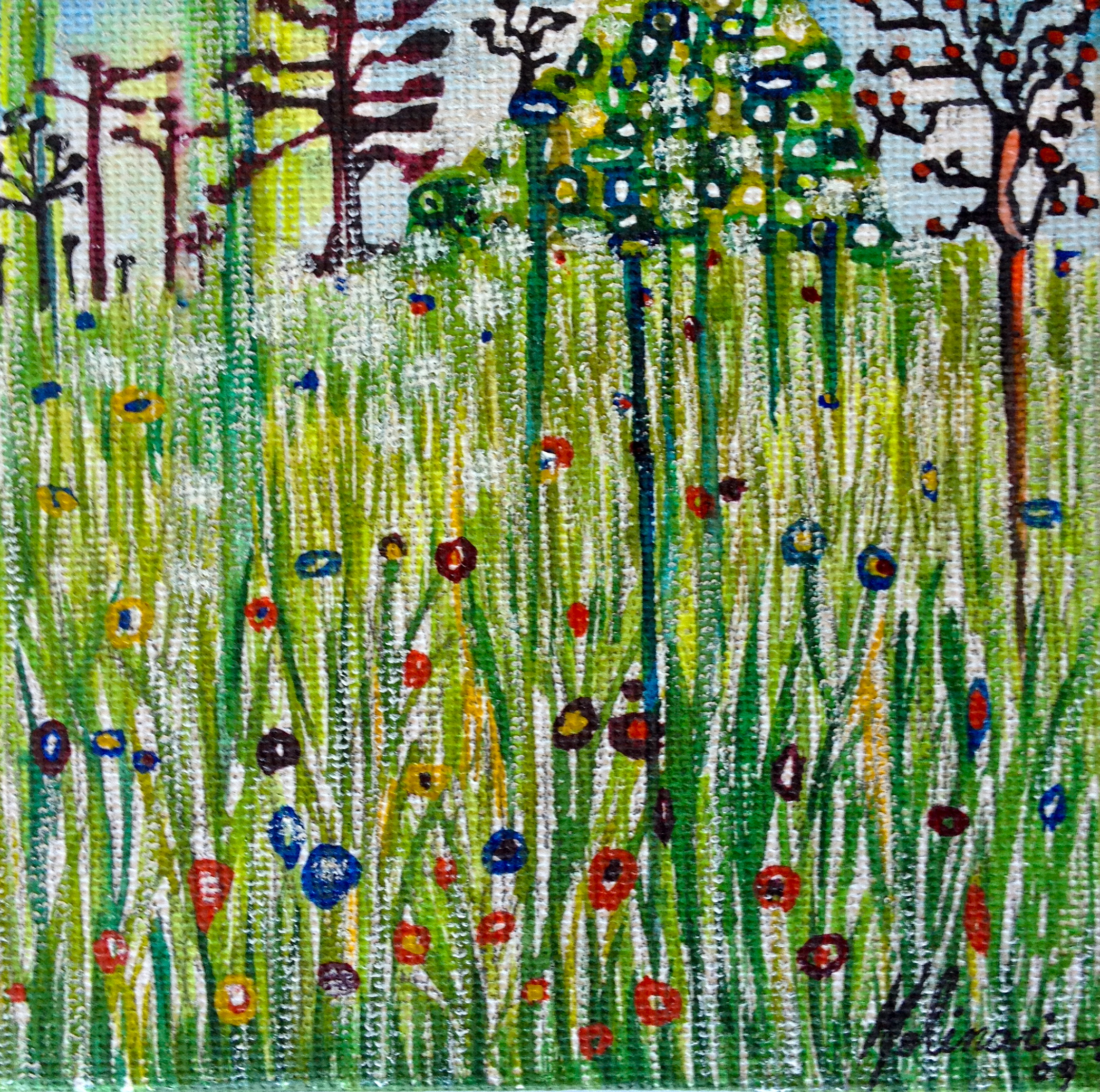 "Paisaje 1": Acrylic & colour pencils on canvas - 10 x 10 cm