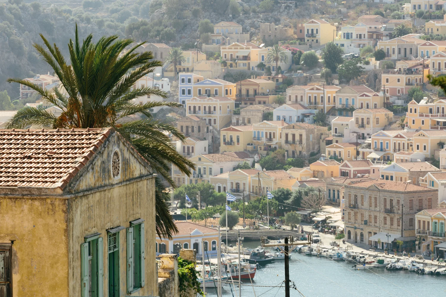 Paisagem de uma cidade costeira com casas coloridas, um porto com barcos, uma palmeira e uma igreja antiga com telhado de telhas.