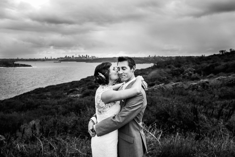 Bride and groom on lookout at North Head Manly