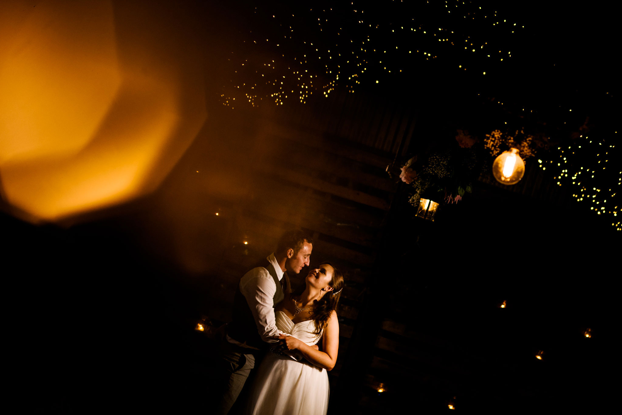 Evening portrait of bride and groom at their Greenfield Farm Estate wedding reception 