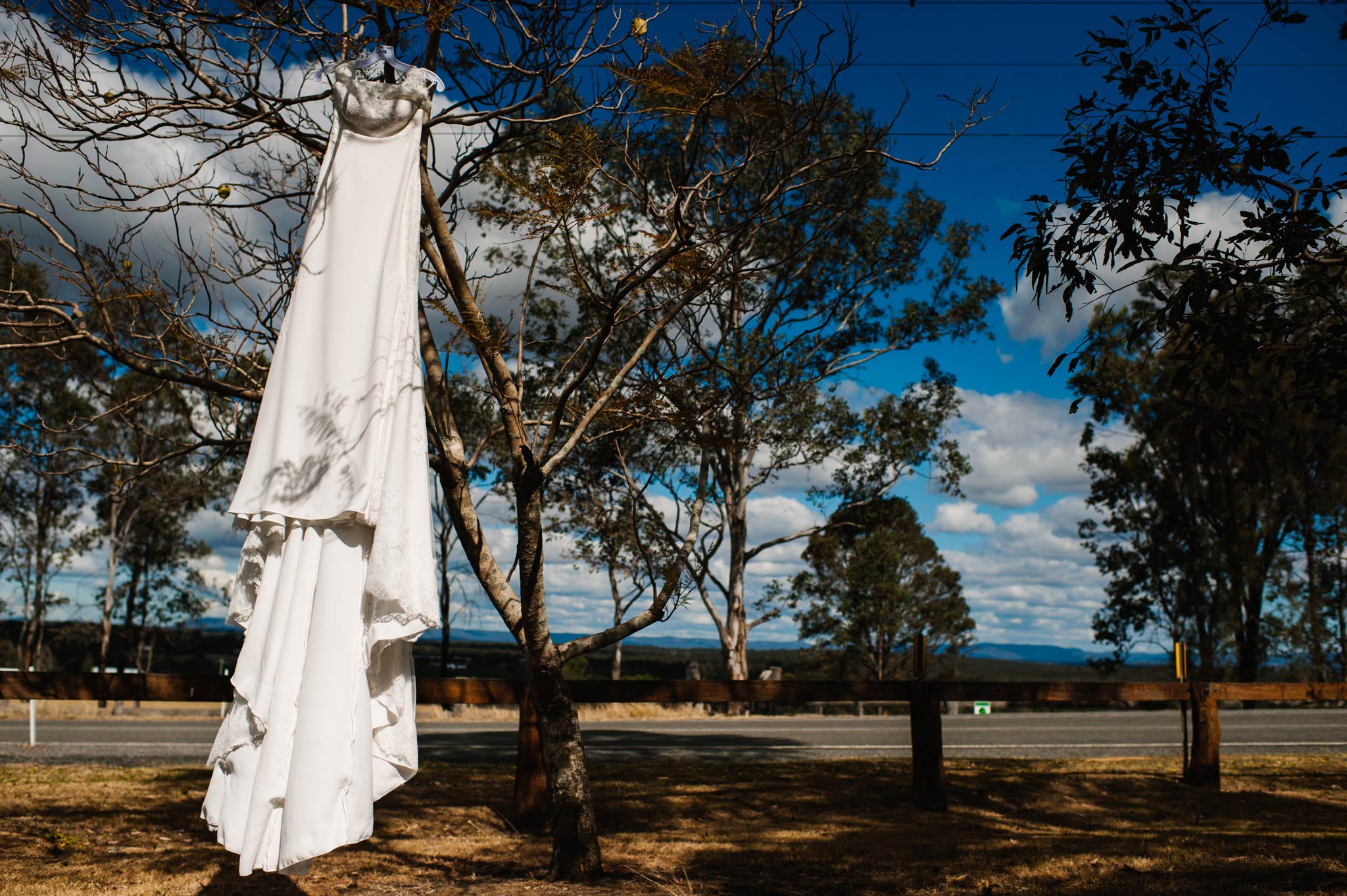 Bridal gown hanging on tree with country view