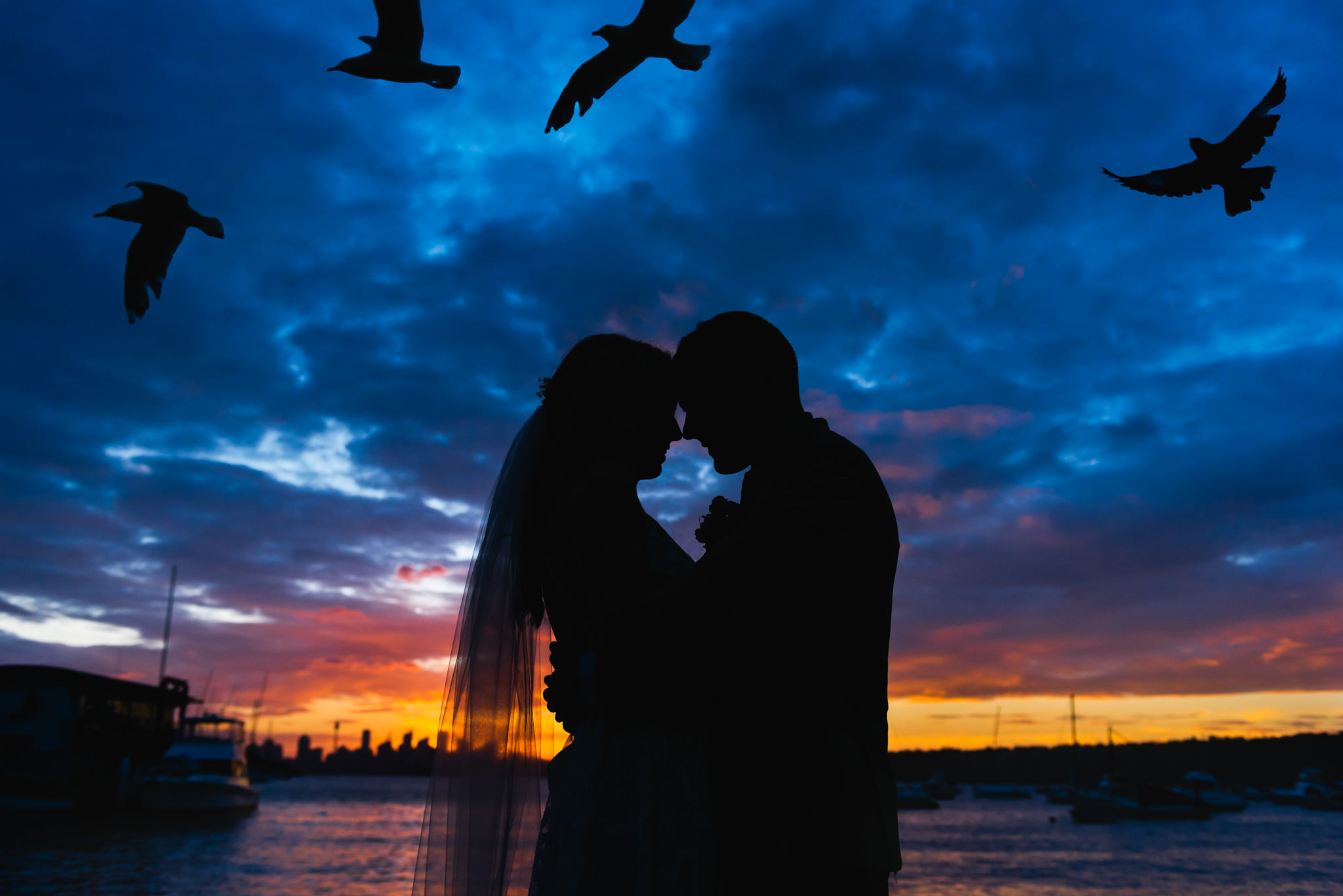 Bride and groom with multicoloured sunset and birds overhead 