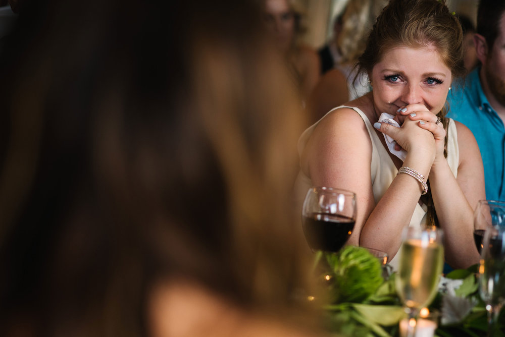 Bridesmaid crying during heartfelt speeches