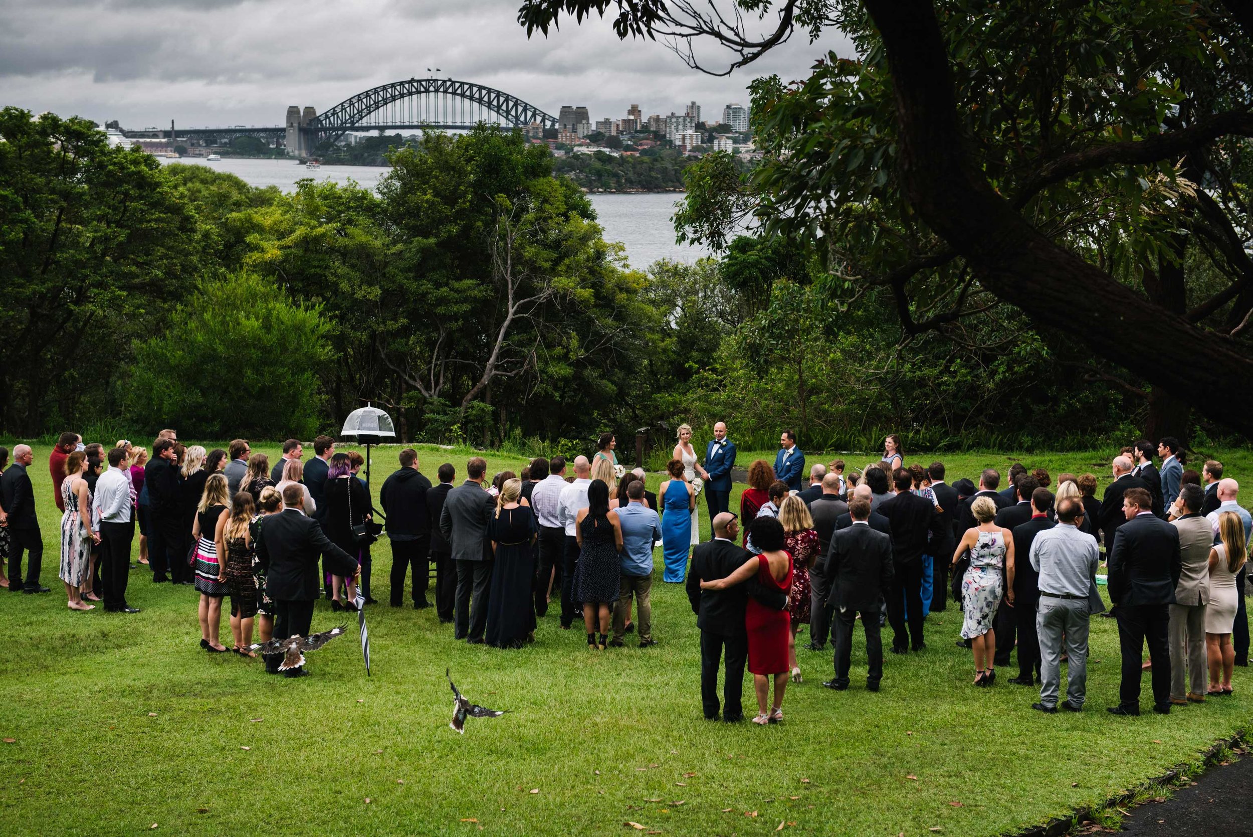 Wedding ceremony on lawn in front of Athol House, Mosman, with city and harbour in background