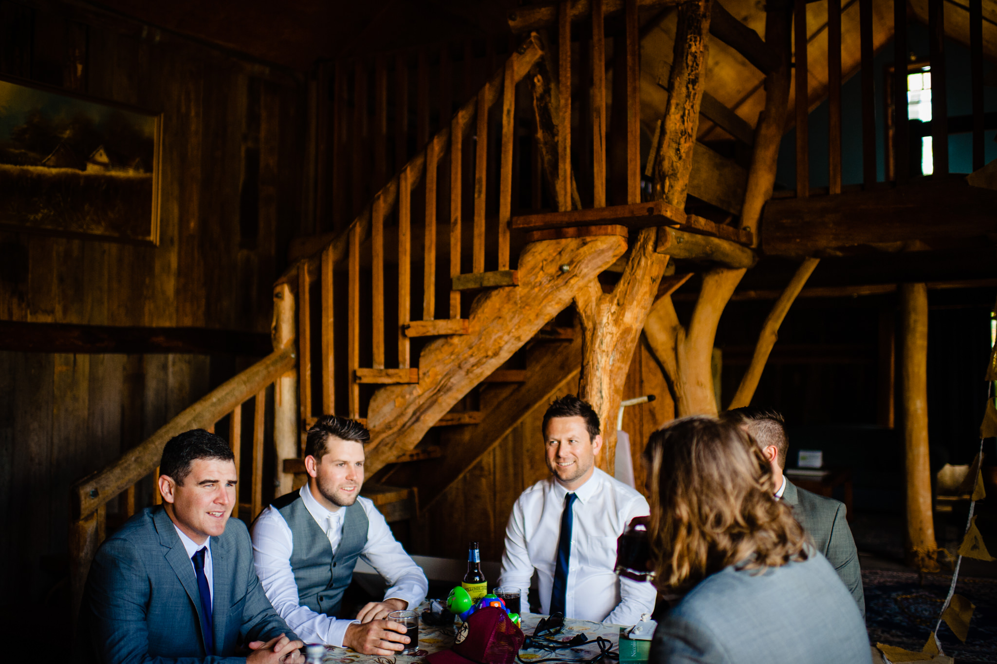 Groom and groomsmen relaxing in the barnstay at Redwood park Wollombi