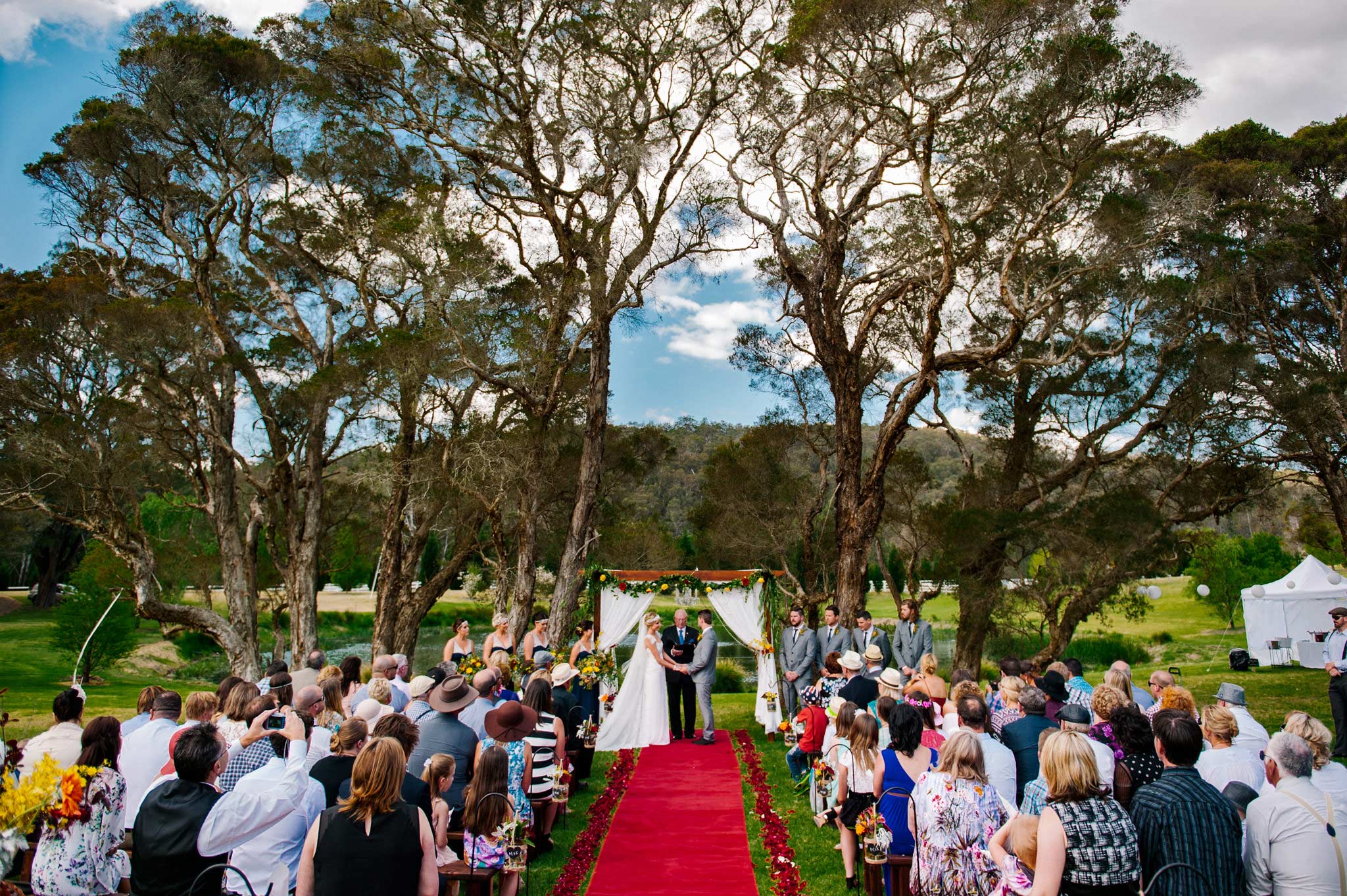Wedding ceremony under large trees at Redwood Park Wollombi