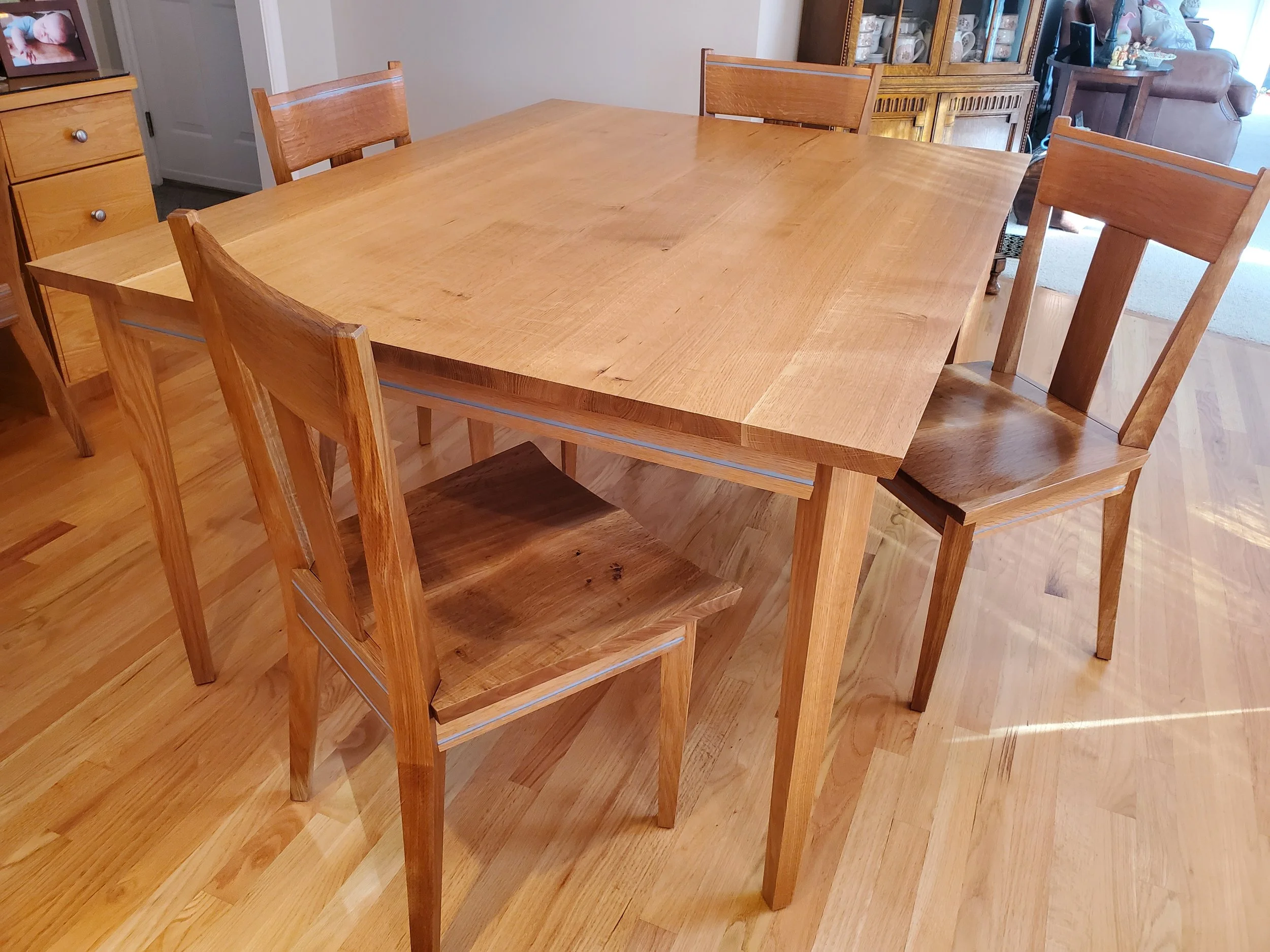 Dining Table & Chairs in Quarter Sawn White Oak with Slate Trim