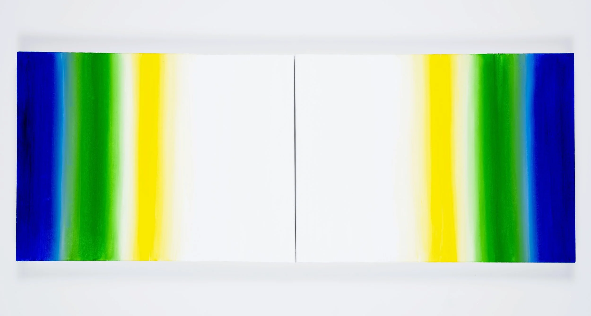 Jill Joy, Unstruck Yellow Blue (horizontal), oil on canvas, 18x48", 2025