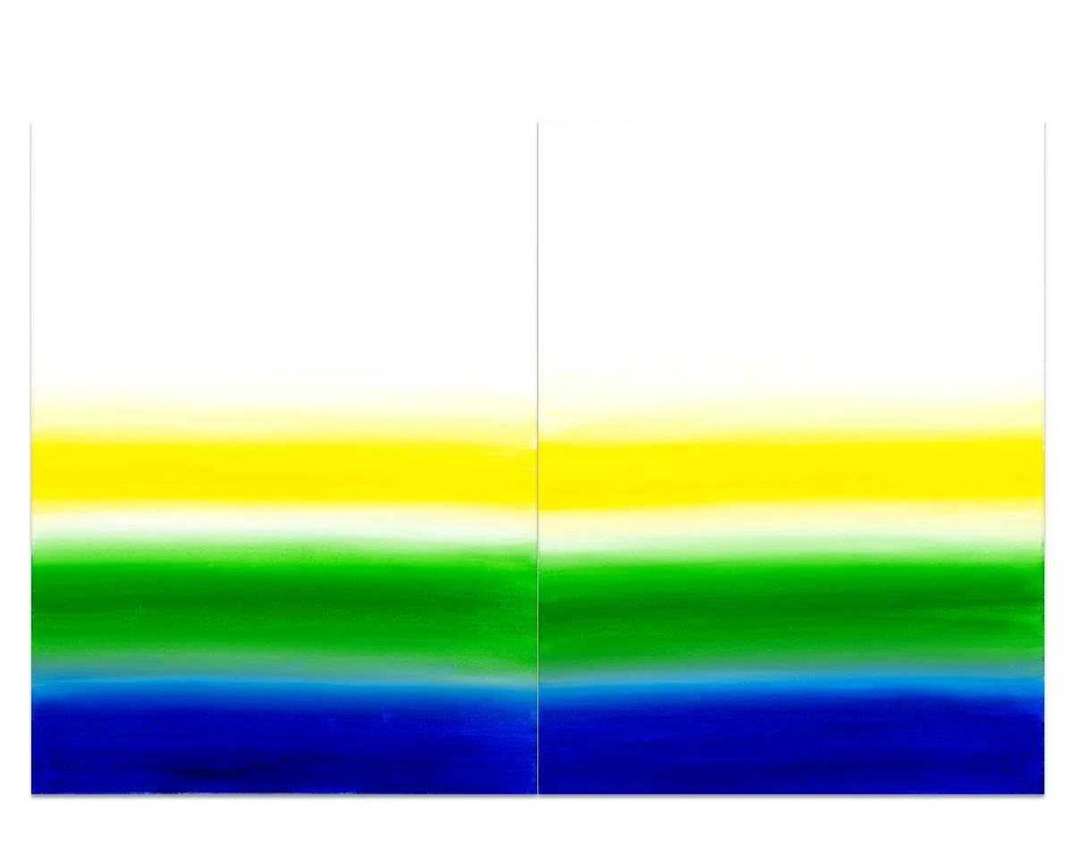 Jill Joy, Unstruck Yellow Blue (lateral), oil on canvas, 24x36", 2025