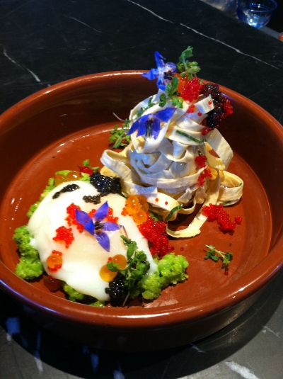 Chilled Yuba Noodle Salad- caviar, slow cooked egg, fava bean relish. Paddlefish caviar wild harvested from the Tennessee river.