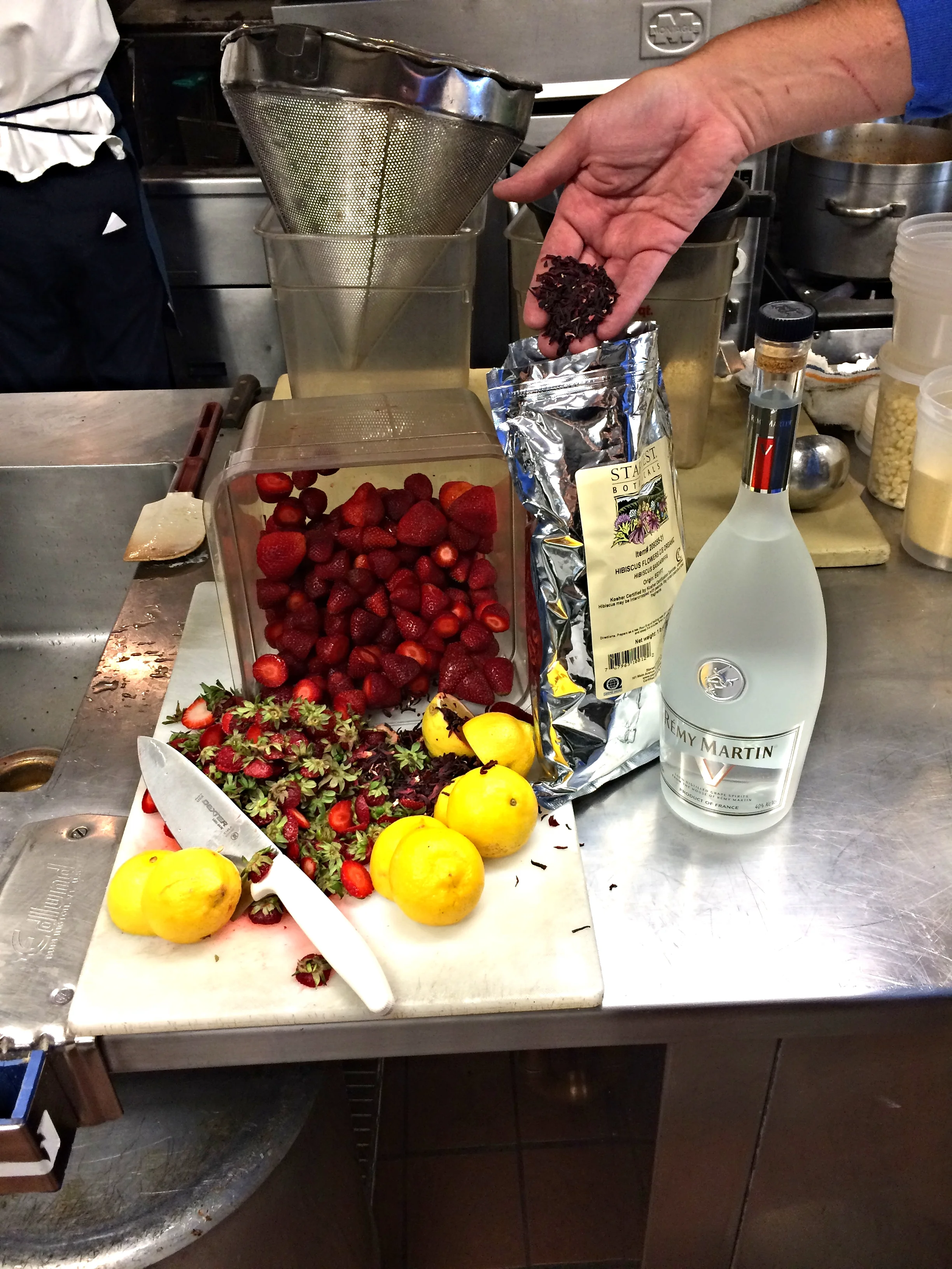 Ingredients for Joe's Strawberry & Hibiscus tincture: strawberries, lemon, Rémy Martin V and dried hibiscus.