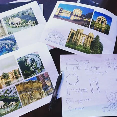 Chef Angela's beginning sketches for this year's gingerbread Palace of Fine Arts.