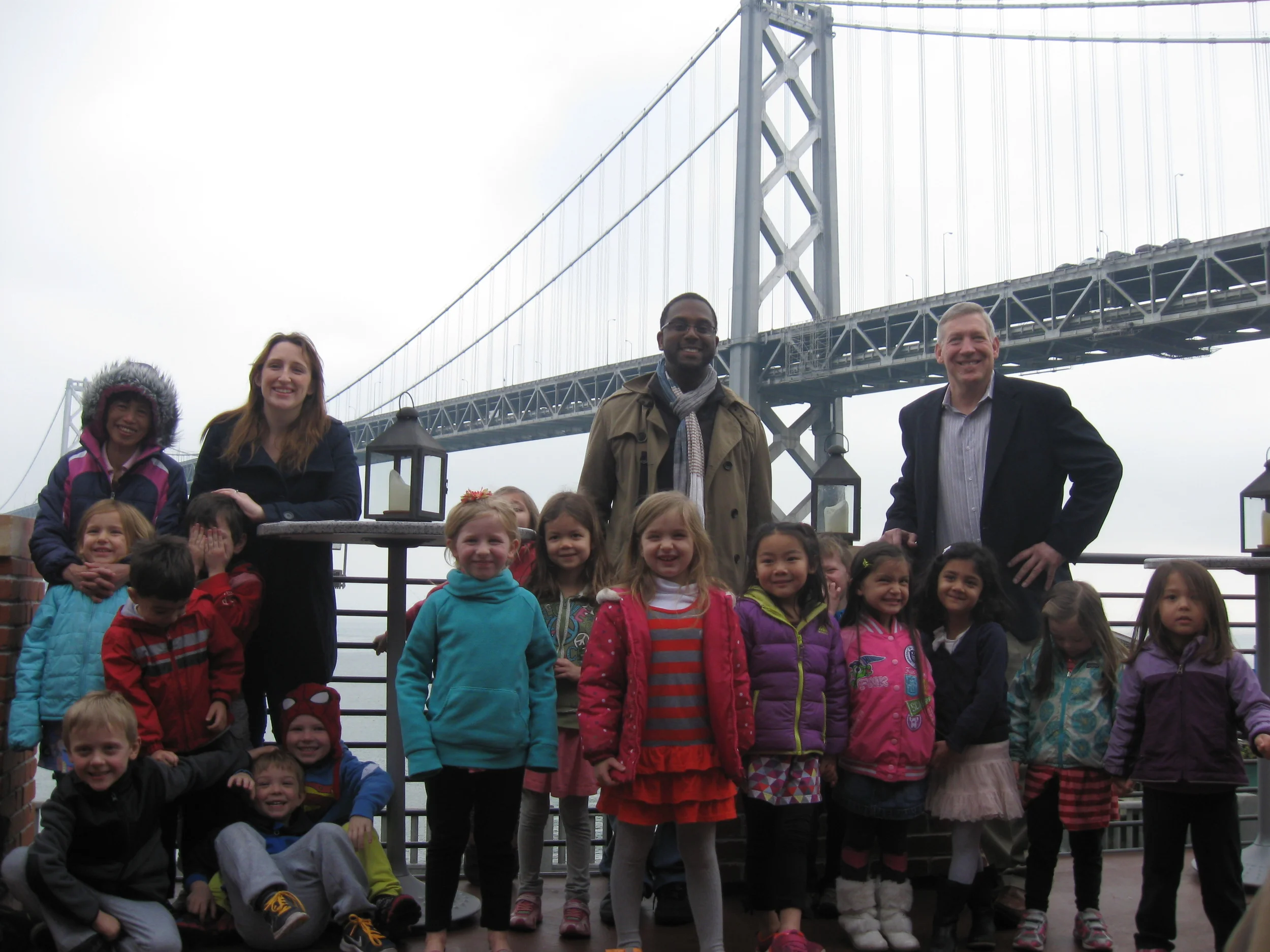 Pete at the top right with kids from Bright Horizons School here in San Francisco on a field trip to Waterbar!