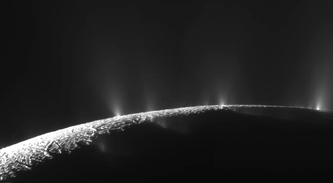 Water & ice spewing from Saturn's moon Enceladus in this 2005 Cassini spacecraft image. Credit: NASA / JPL / SSI ; Mosaic: Emily Lakdawalla