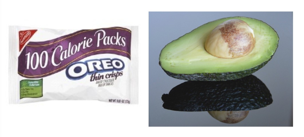 100 Calori Pack of Oreo (Image: Nabisco) vs. ½ of an avocado (Image: PaleoTerran)