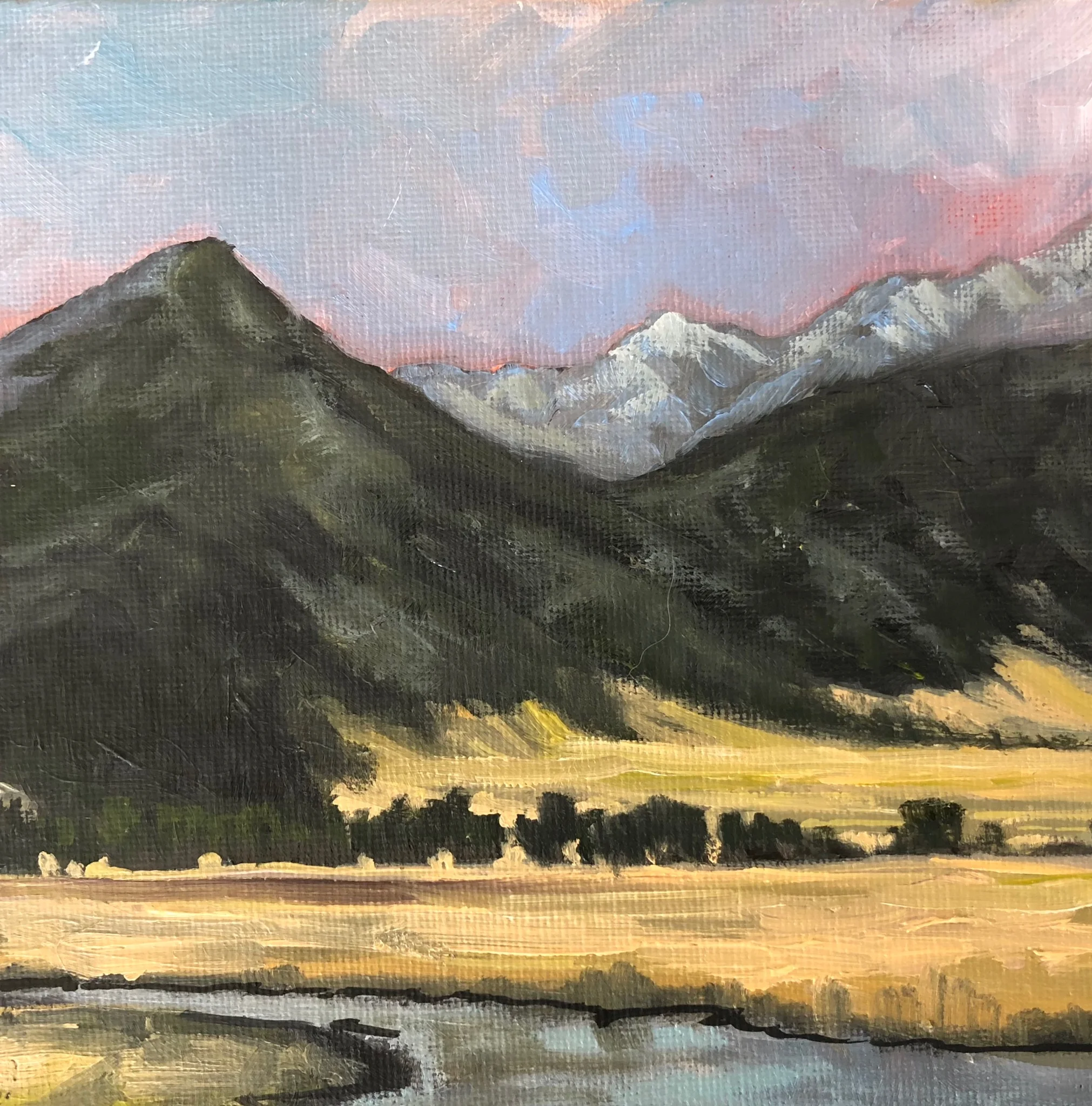 YELLOWSTONE RIVER AT MALLARDS REST 6X6 $175 OIL, CANVAS PANEL FRAMED