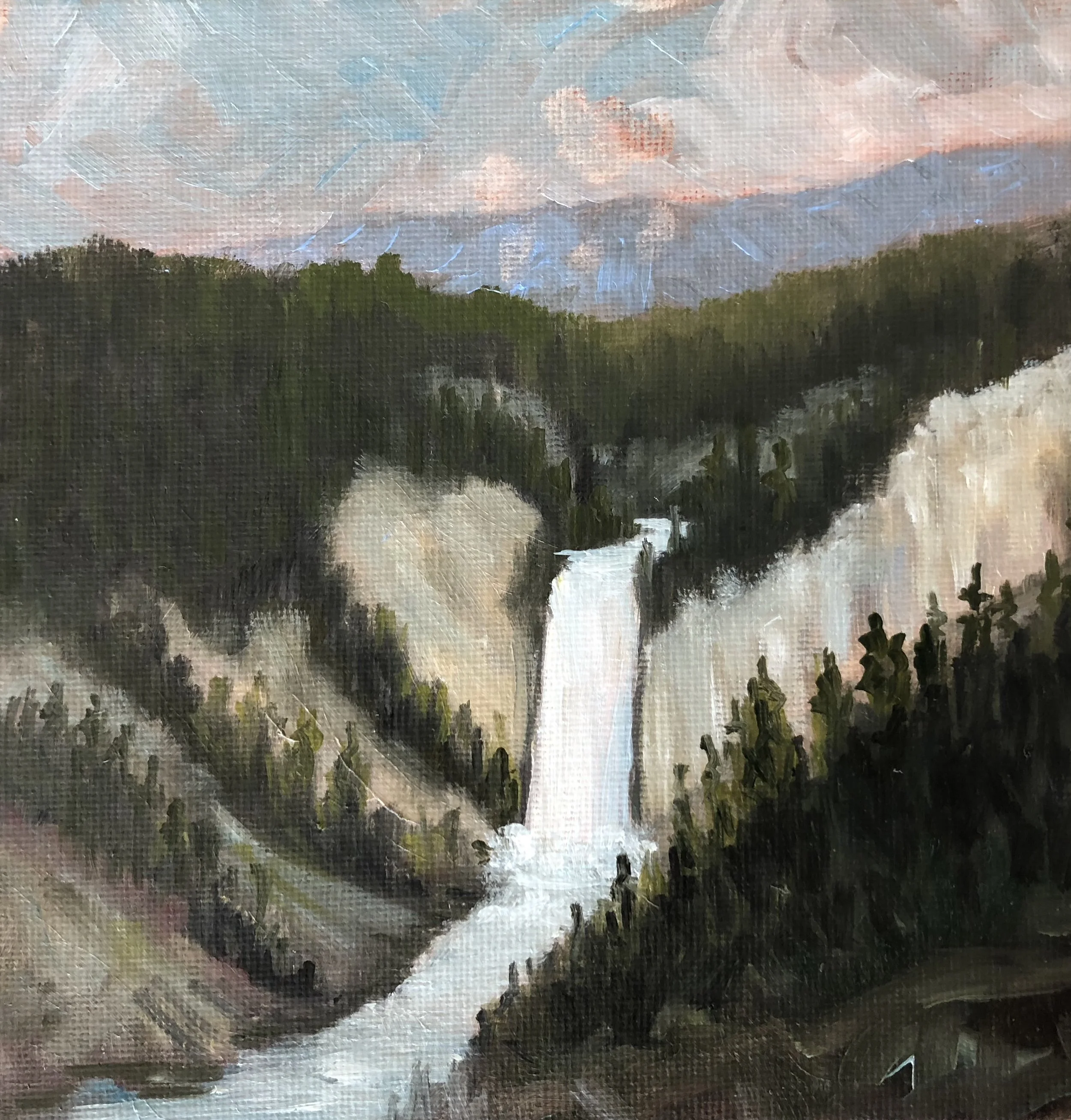 LOWER FALLS YELLOWSTONE NATIONAL PARK 6X6 $175 LAKE MCDONALD, GLACIER NATIONAL PARK OIL, CANVAS PANEL, FRAMED