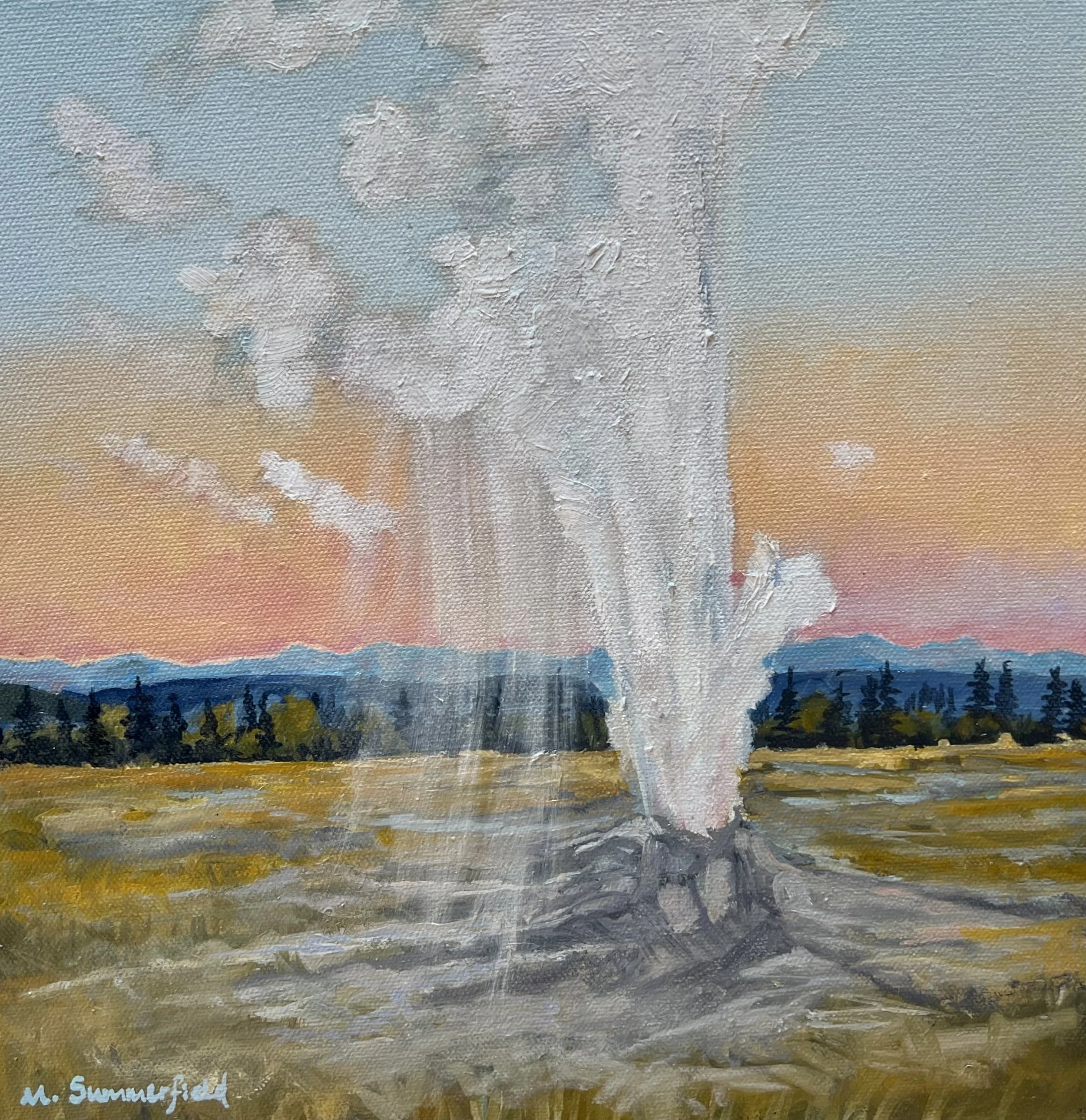 THERE SHE BLOWS, GEYSERS IN YNP 12X12 $475 OIL