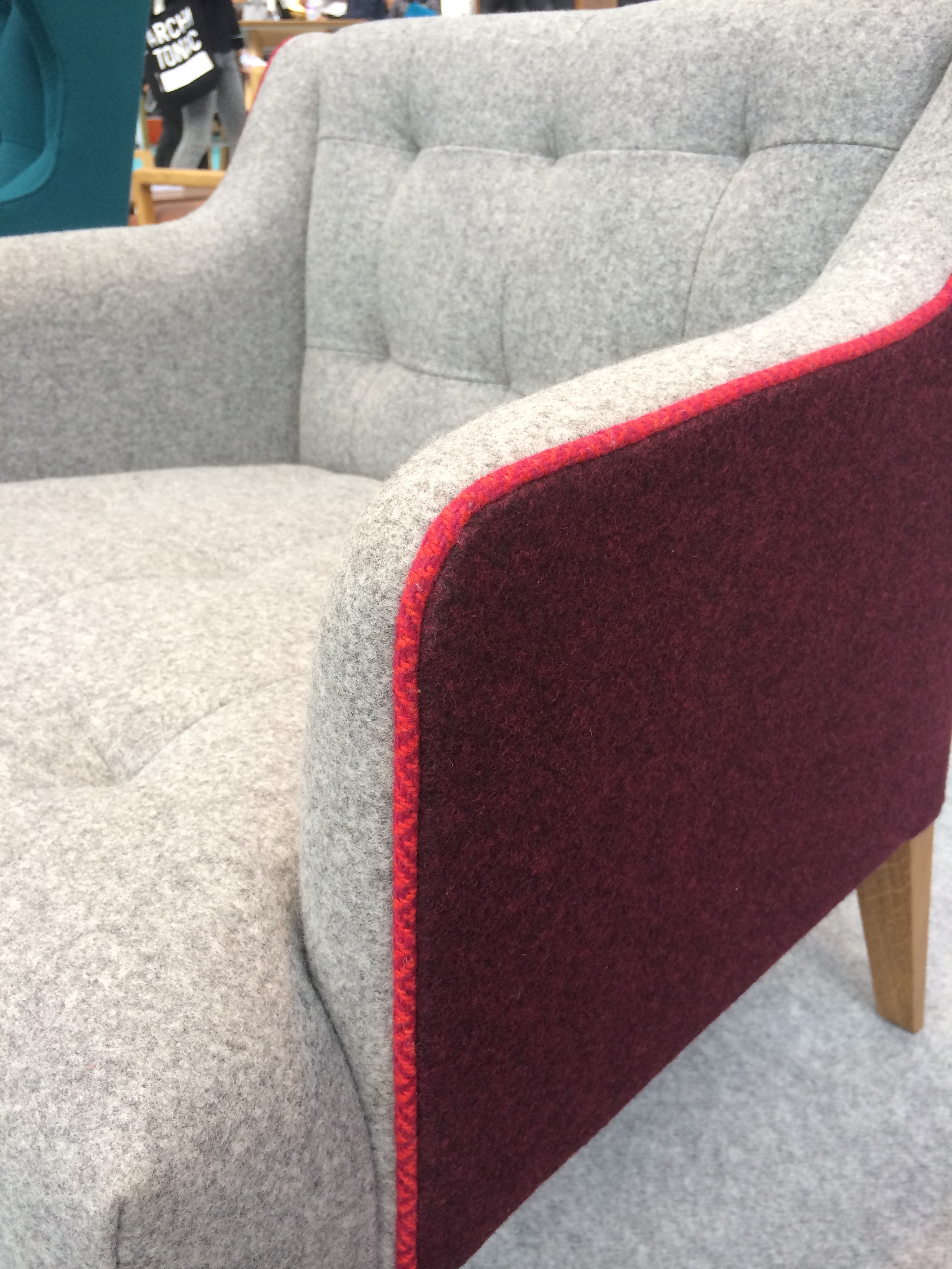 Patterned contrast piping on chair by James @ 100% Design