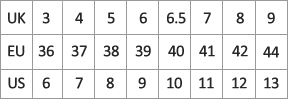  Mifani's size chart