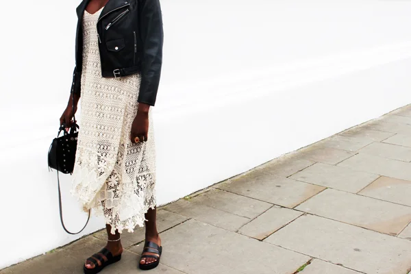 Mifani Gladiator Slide, Zara crochet dress, black biker jacket