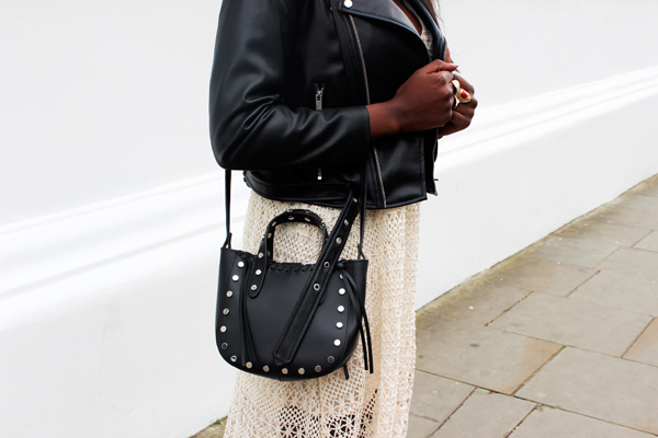 Zara crochet dress, black biker jacket