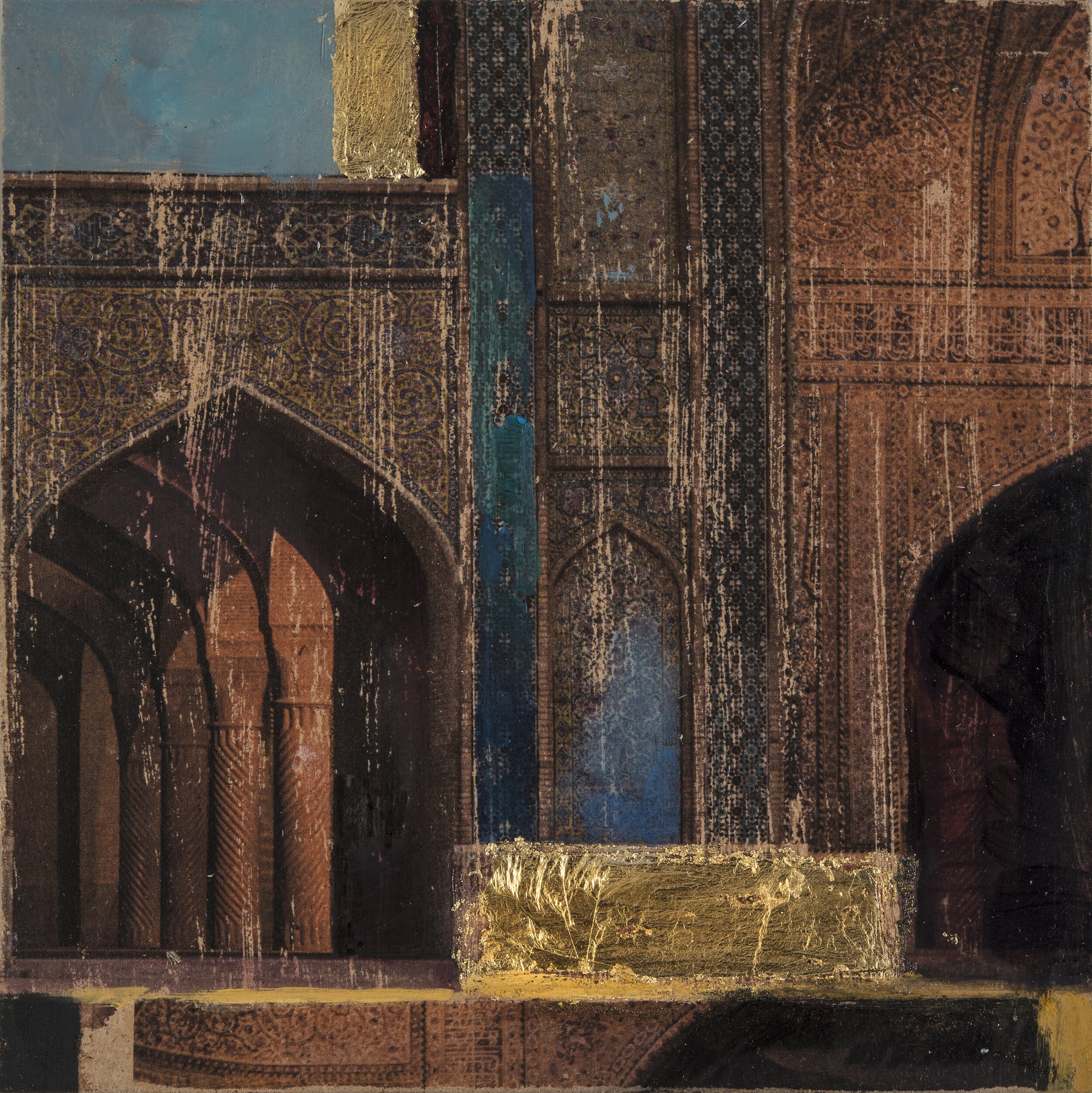Vakil Mosque 2, transfer, oil, gold leaf masonite