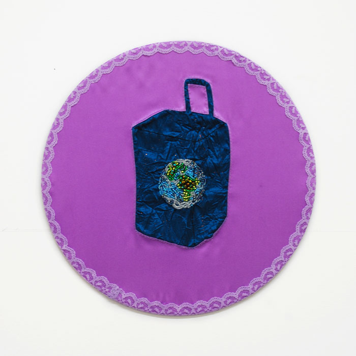   Journey  threads, lace, beads, satin fabric and silk on panel 15" (38cm) diameter, 2009 