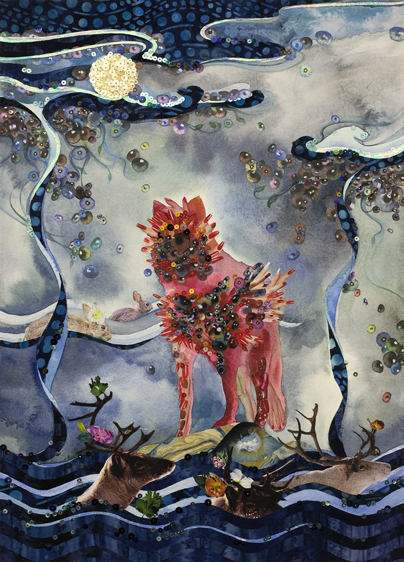 Full Moon <small><p style="text-transform: lowercase;"> <br> 2015, 19x13", watercolor, gouache, sequins, collage of paper and fabric on paper