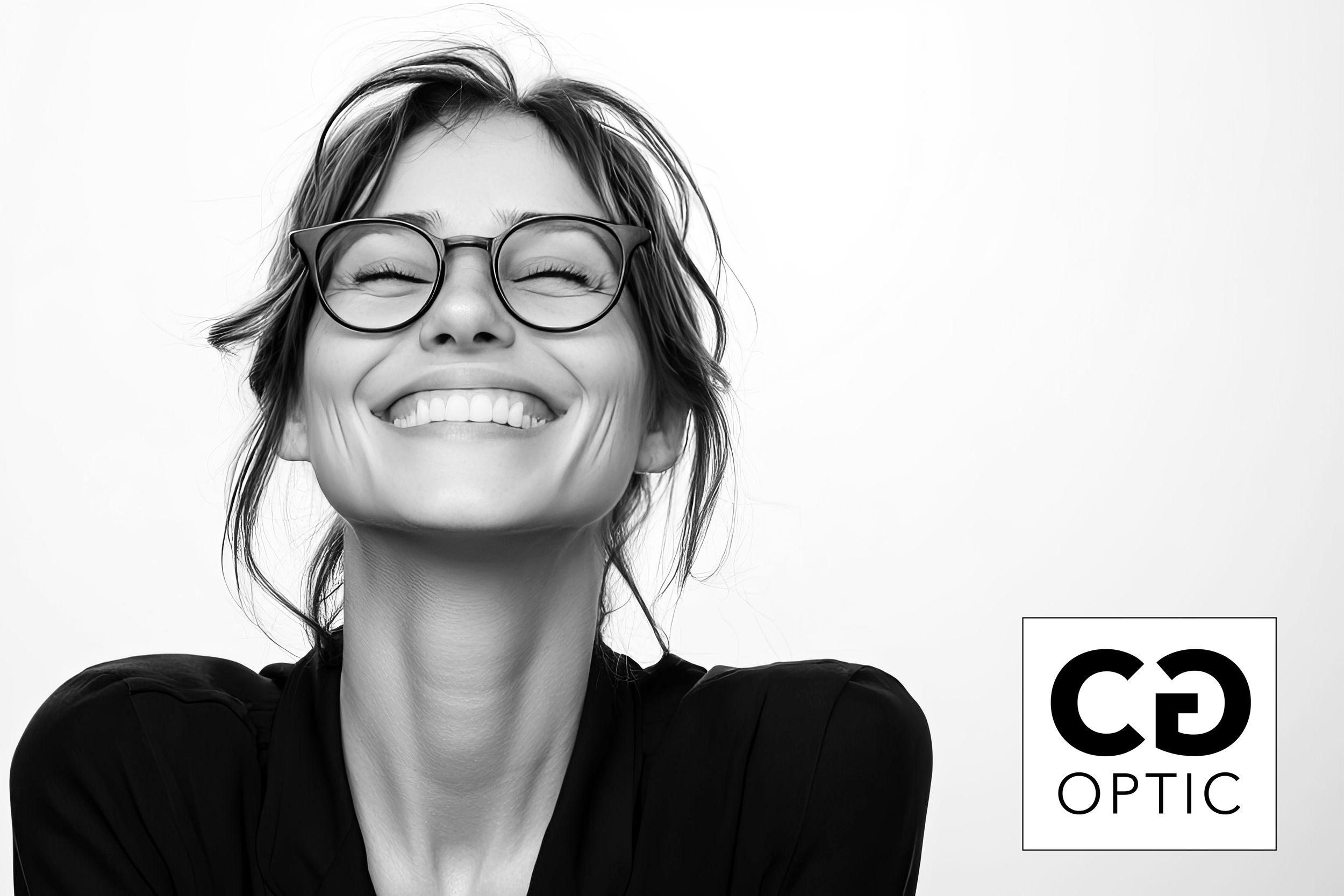 Une femme souriante portant des lunettes, avec des cheveux en désordre, portant un vêtement noir, face à la caméra, avec le logo CE OPTIC en bas à droite.