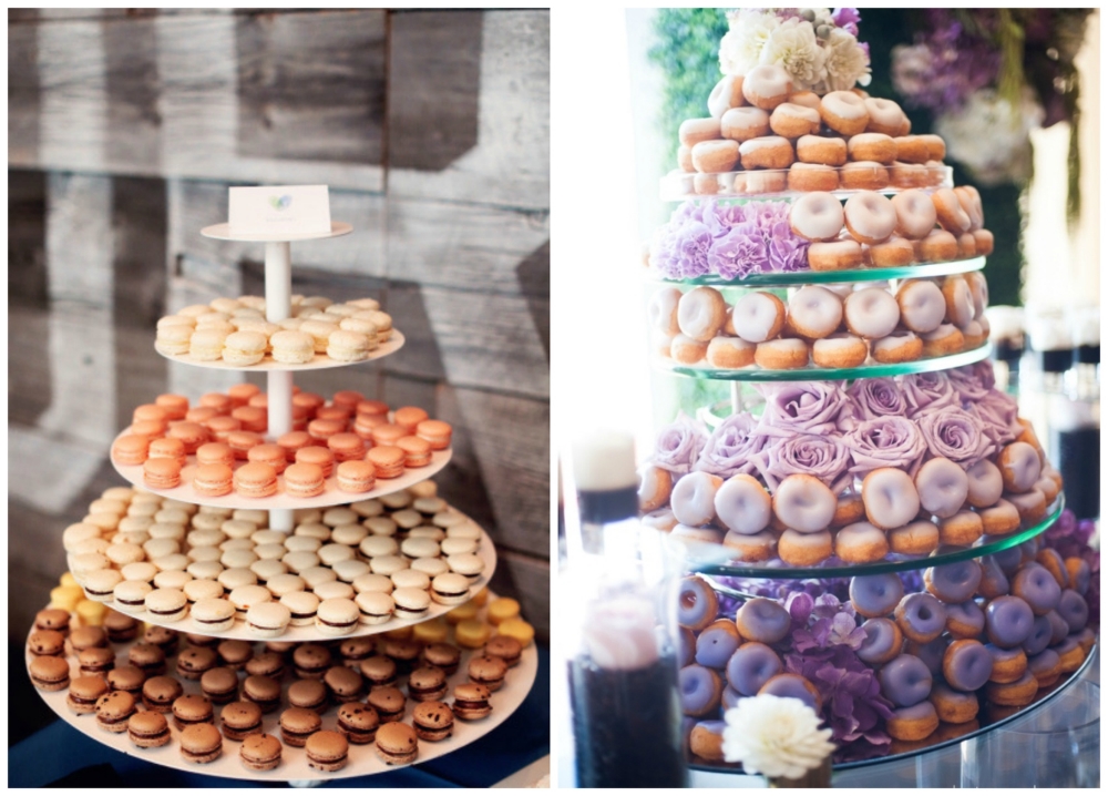 A fancy macaron tower ! And a stunning ombre donut display . 