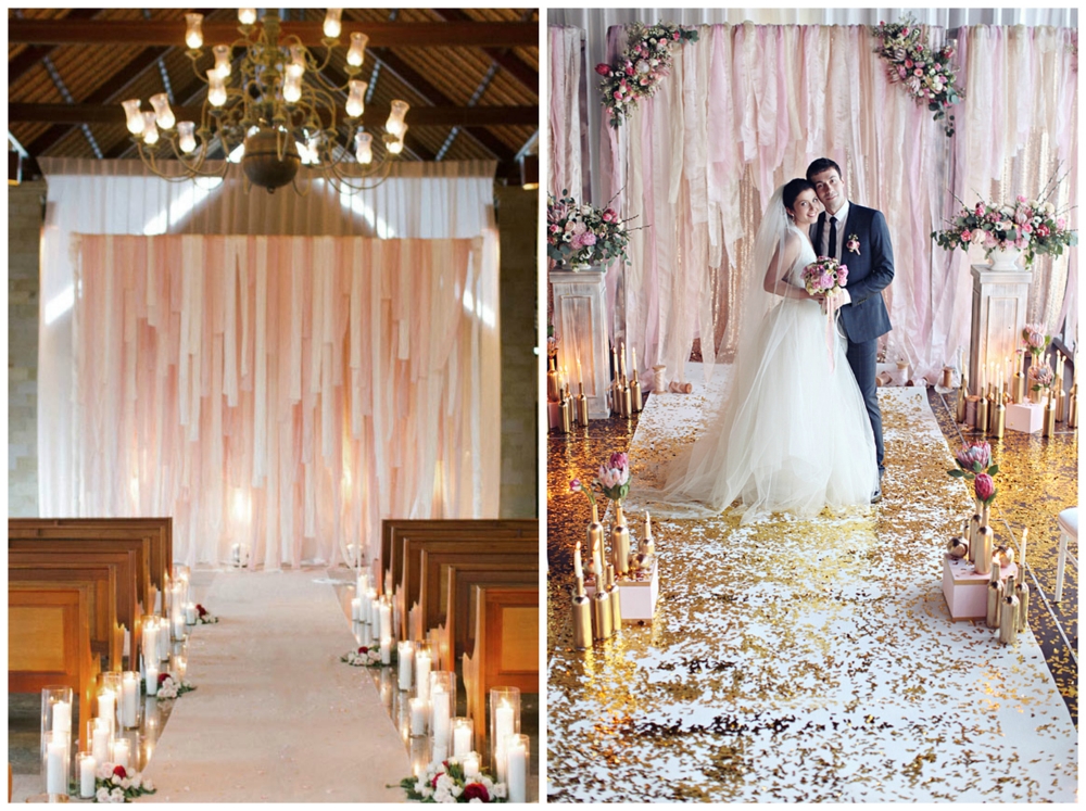 Green Wedding Shoes ; Ruffled . These stunning pink fabric altars remind me of this one from an elopement at The Barn!