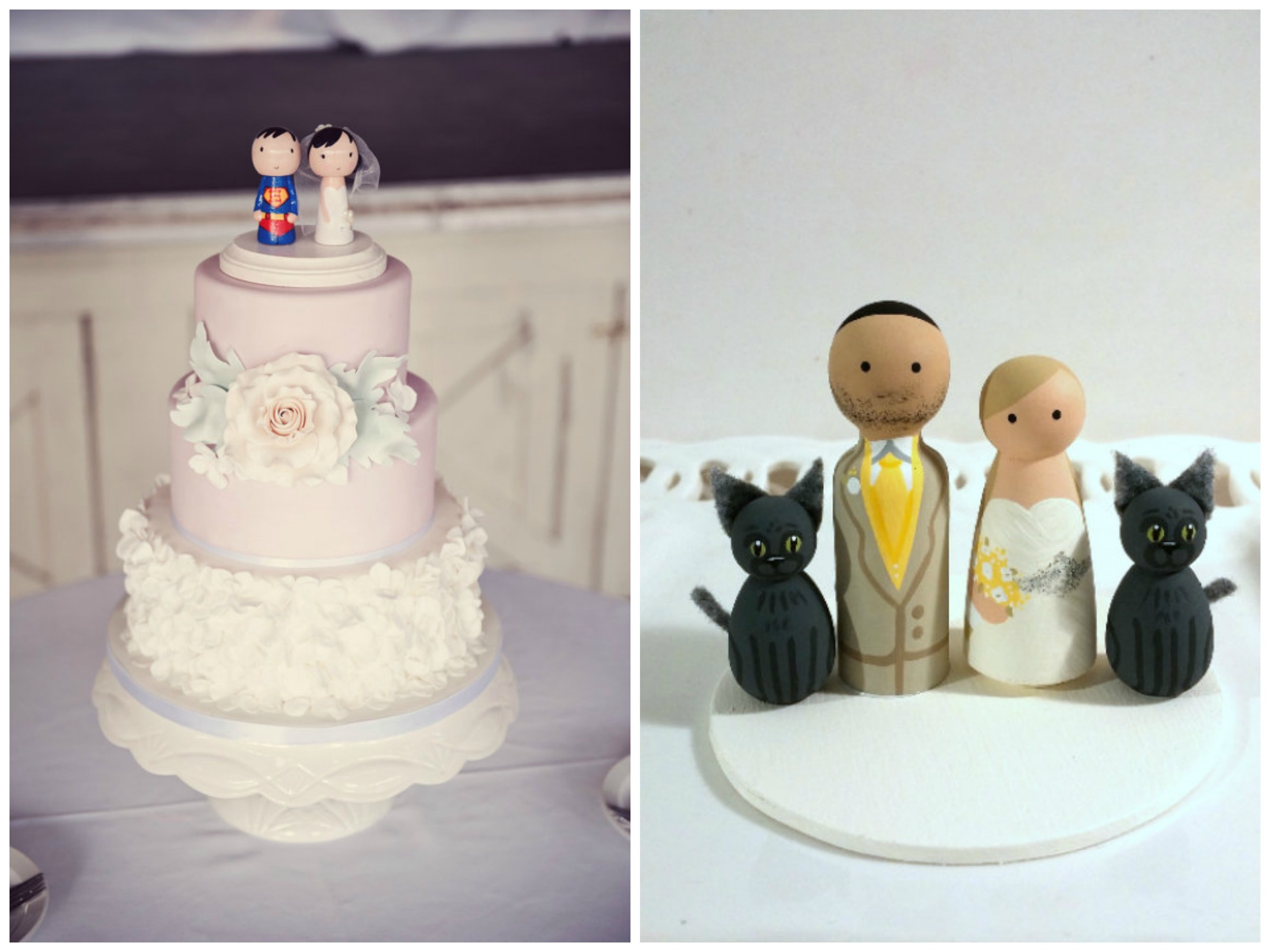 Etsy has no shortage of peg doll cake toppers . They're extremely customizable, and you can get them in a whole bunch of themes: military, superhero, lots of different occupations, with children, with pets, etc. This superhero and his bride ($90) from Sugar Plum Pegs are so precious! And don't even get me started on this bride and groom with two cats ($98) from Enamor Weddings .