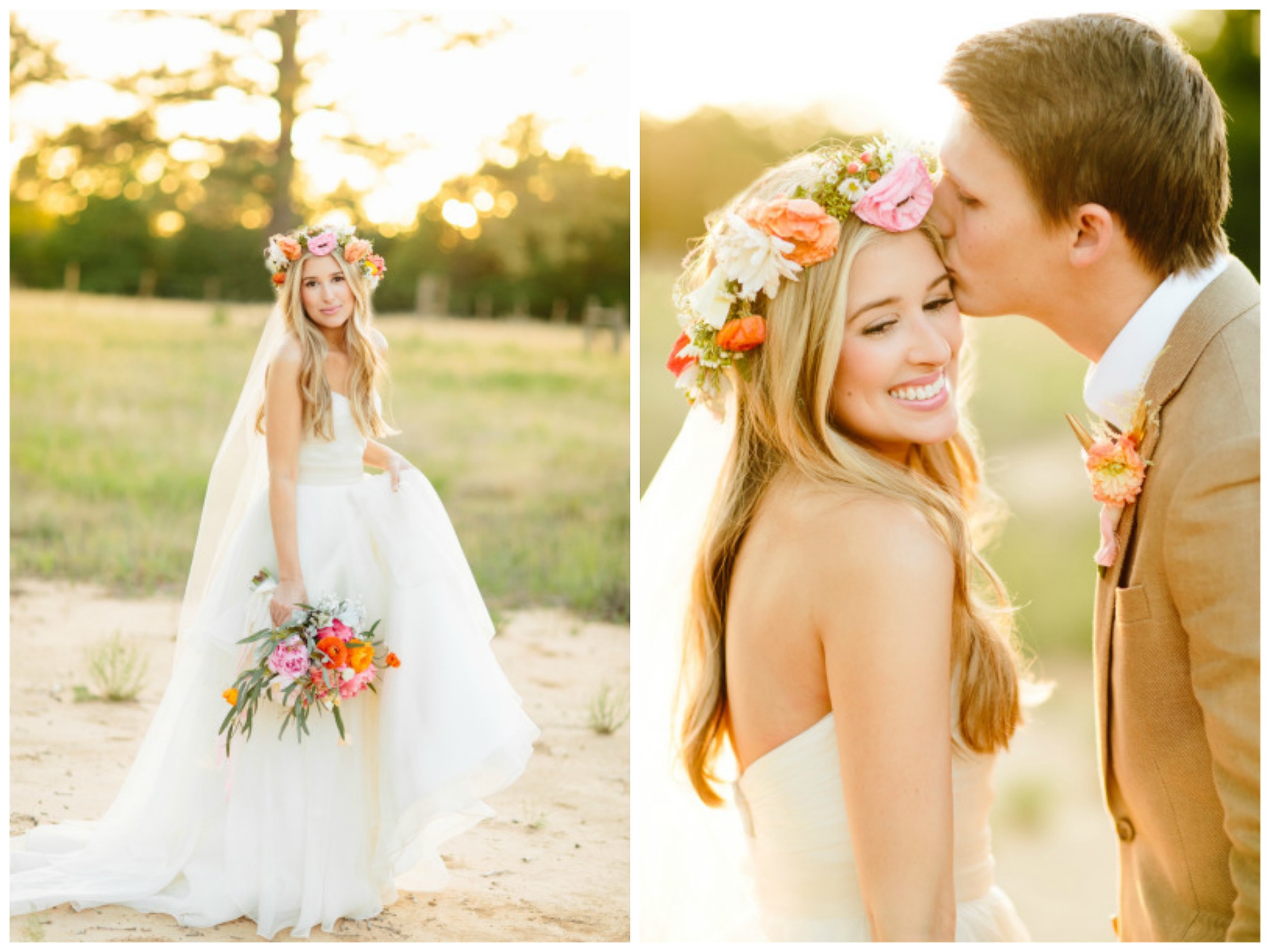 Style Me Pretty . This bride is proof that you can wear a flower crown and a veil! I love the bright colors of this crown and her bouquet.
