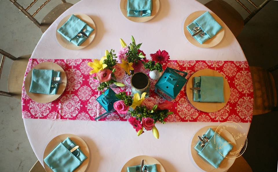 Paxton Goates Photography , from Carla + Mark 's wedding at The Barn. The table runner is the perfect place for a pop of pink! 