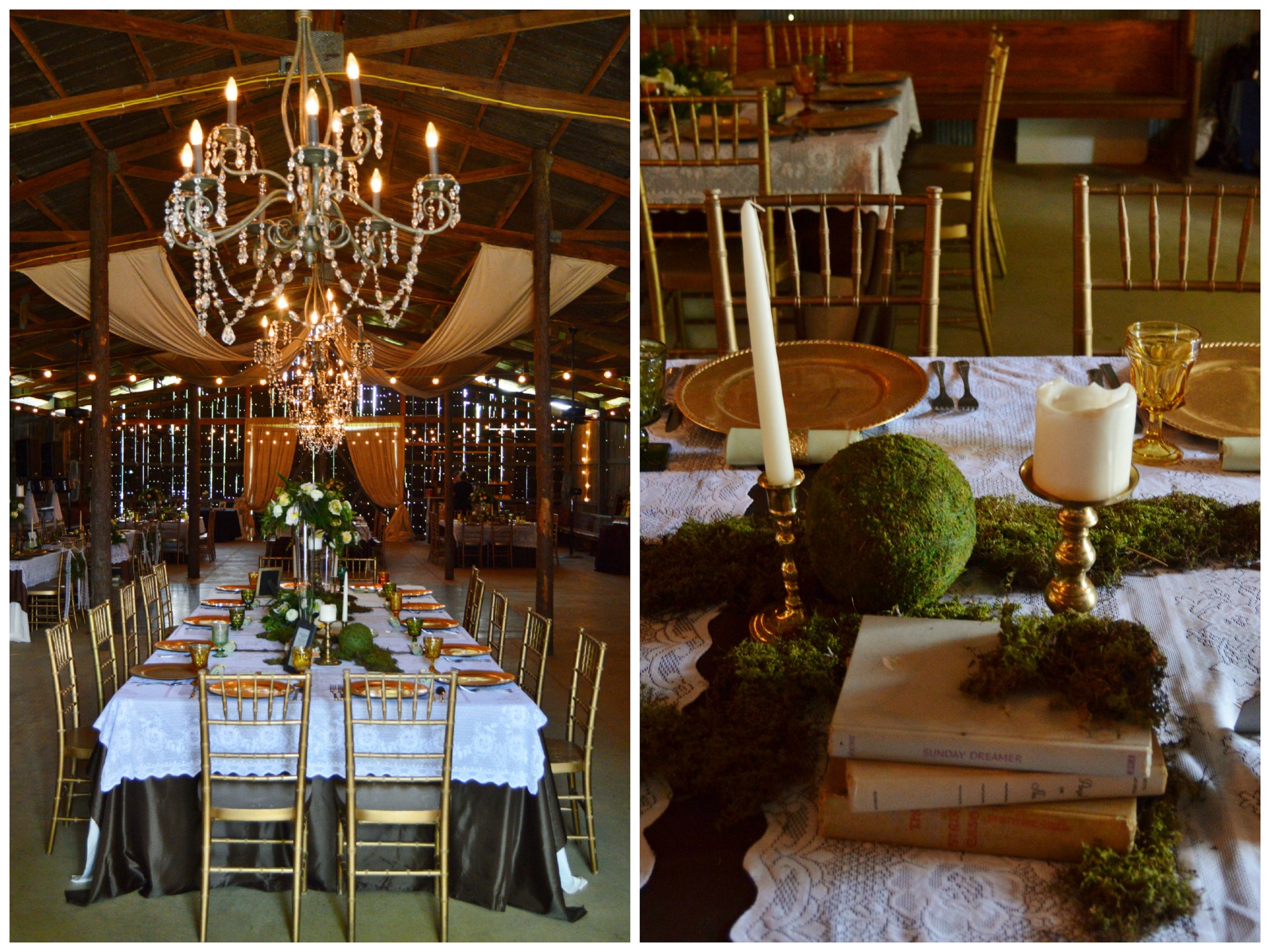 Beautiful moss, lace, vintage book and candle details.