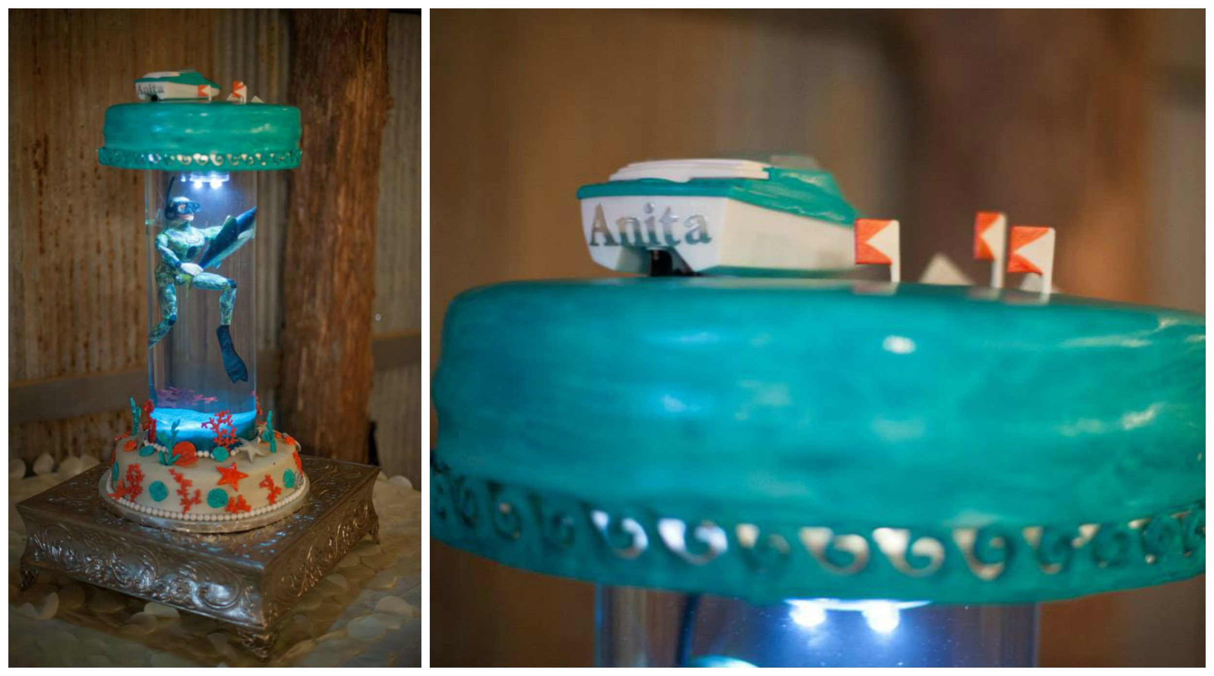 Erika Dotson Photography , from Anita + Wesley 's wedding. Wesley loves spearfishing (they even went on a spearfishing trip for part of their honeymoon!), which his awesome groom's cake reflected perfectly. It even had a little boat named Anita on top!