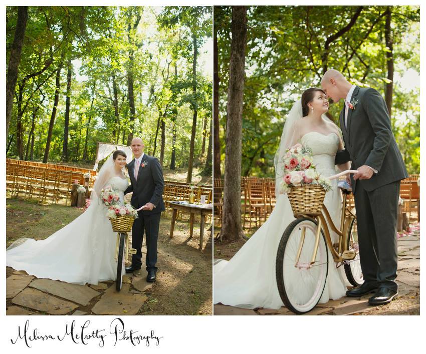 Melissa McCrotty Photography , from mine + Richard 's wedding. My husband and I love adventures, and we thought a beautiful way to incorporate that was to paint my bike blush and gold and put it at the entrance to our ceremony. This silly little detail meant so much to me! 