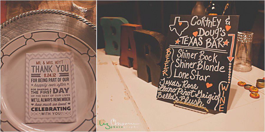 Liz Chrisman Photography , from Cortney + Doug 's wedding. This couple looooves them some Texas, so they had Texan details representing all over The Barn! Texas stars, steak rub favors from their favorite Texas steakhouse, and beer and wine, all from Texas. It was awesome!