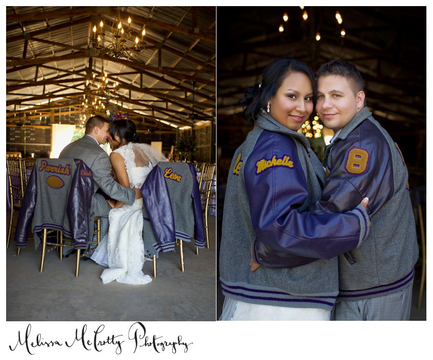 Melissa McCrotty Photography , from Michelle + Chad 's wedding. If you and your love were high school sweethearts, bring something from your high school days! These letterman jackets are a sweet nod to the early days of their relationship. 