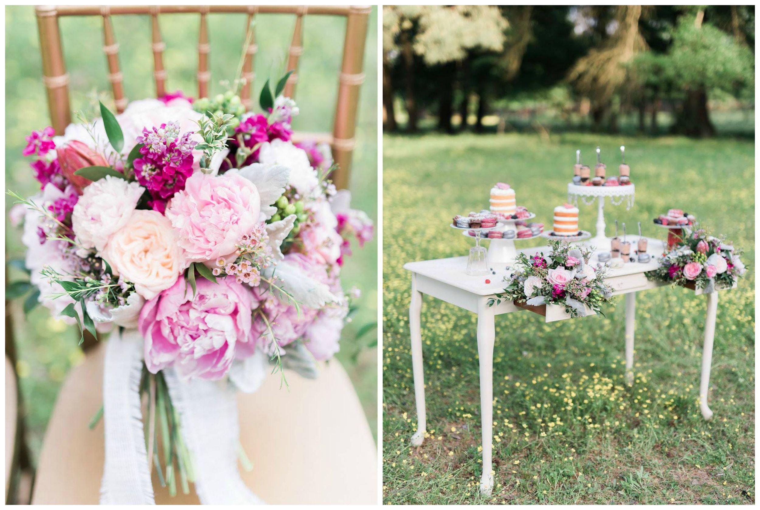 Stephanie Dawn Photography . Our Magical Meadow styled shoot is number one in my heart, probably forever. I adore every detail from this shoot, from the bouquet to the dessert table and the pretty cocktails to the stunning gowns. 