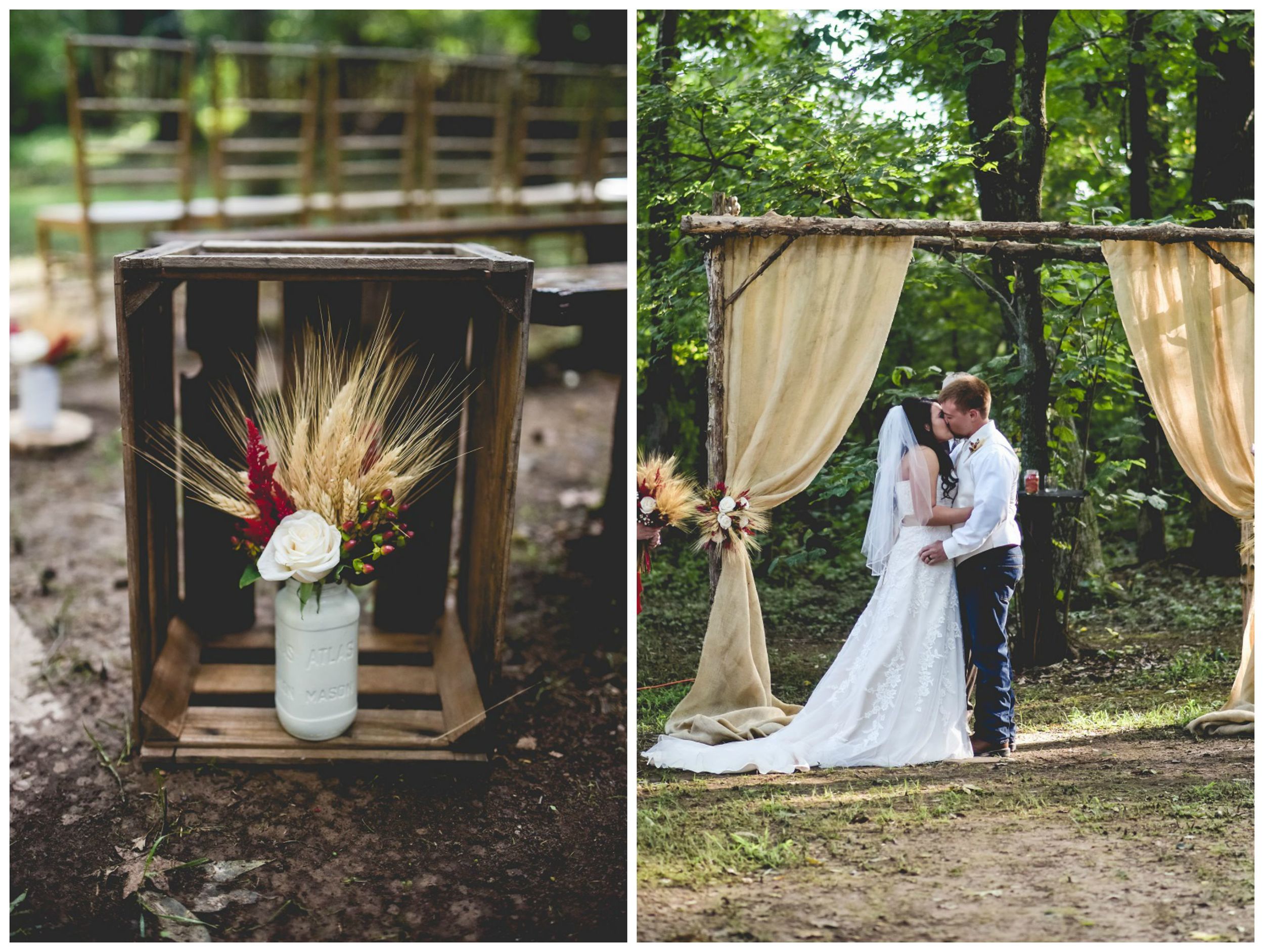 The Kindred Collective , from Jordon + Nick 's wedding at The Barn. This wedding had the prettiest bouquets and floral arrangements (with lots of wheat!), cranberry accents and burlap throughout. These wooden crates with white mason jars full of flowers are some of my favorite fall decor items our team has done! 