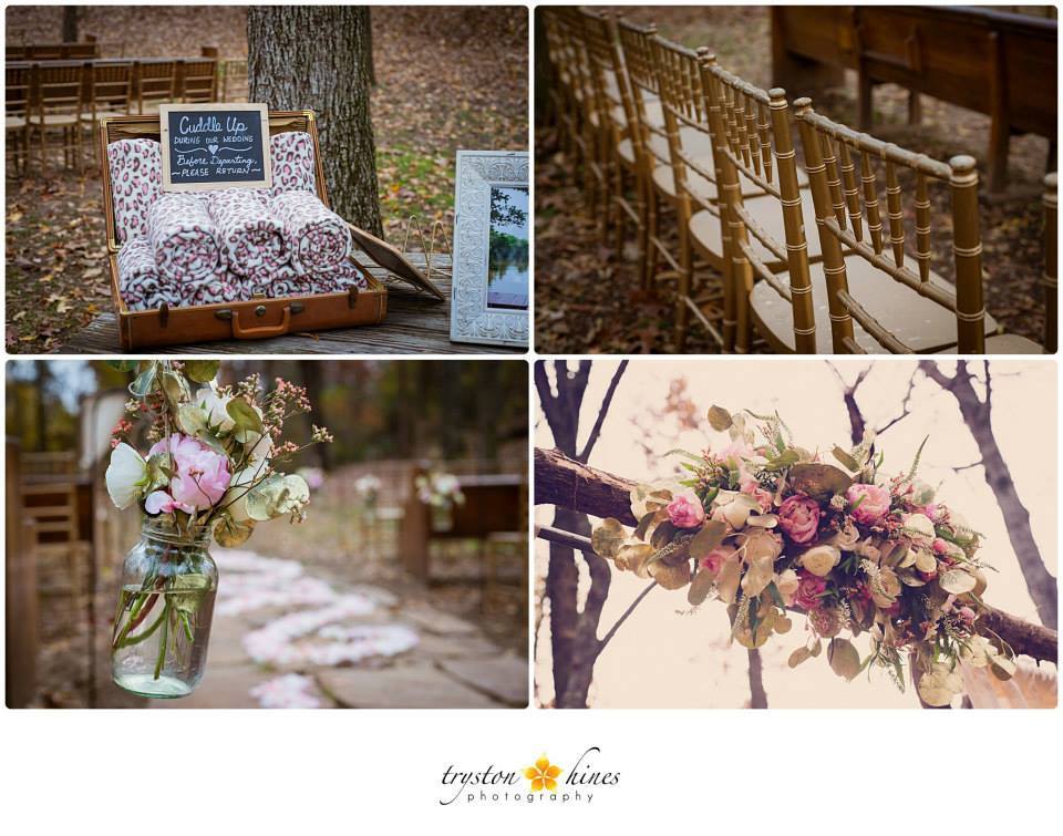 Tryston Hines Photography , from Samantha + Dalton 's wedding at The Barn. This wedding is proof that even blush pink can make sense during the fall. The addition of some gold leaves and burlap throughout their decor, as well as blankets for guests to snuggle up in during their ceremony, make their color scheme totally fall-appropriate... and pink looks so pretty with a backdrop of fall leaves!